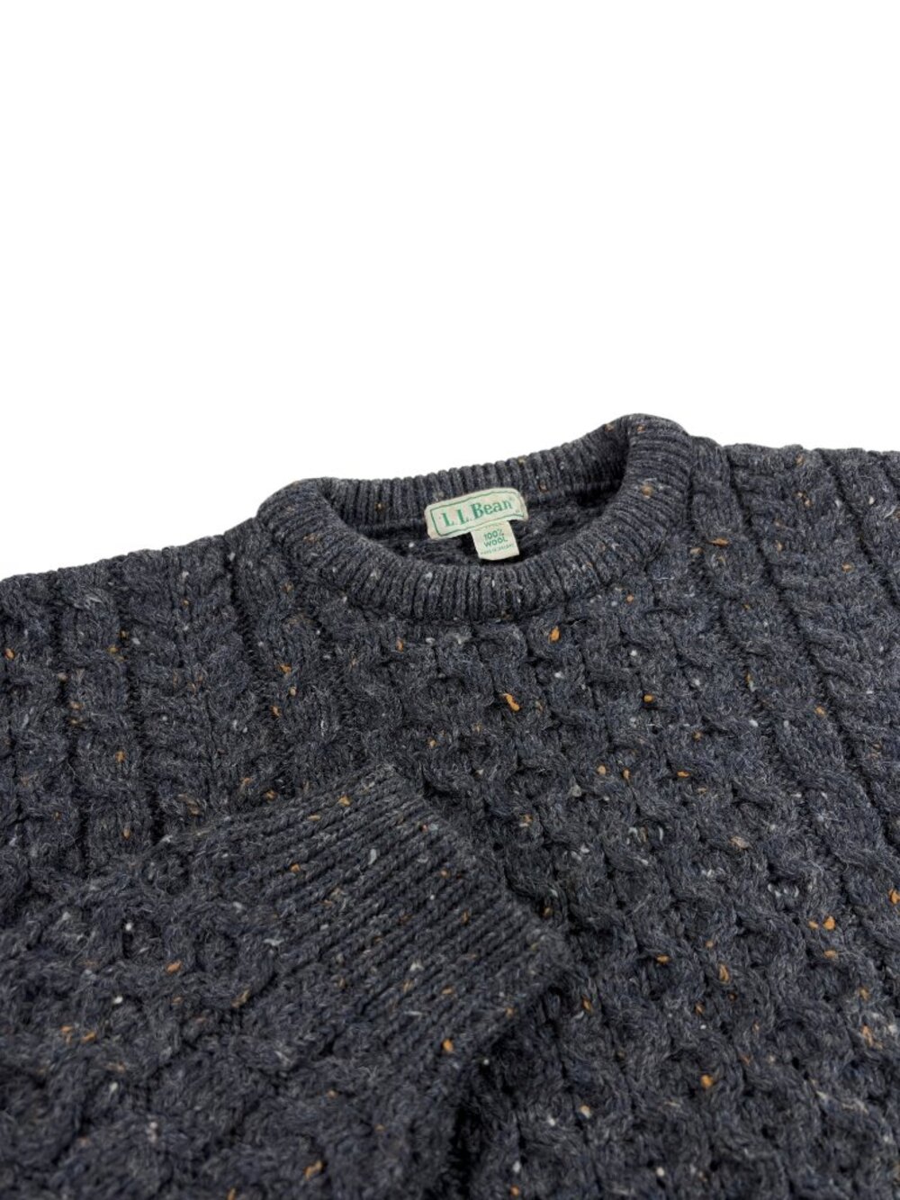 Vtg LL Bean Cable Knit Wool Fisherman Sweater Mens Size LT TALL Heather Gray